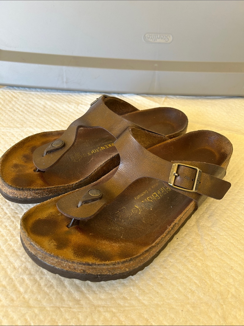Birkenstock Brown Leather Toe-Post Sandals with Buckle